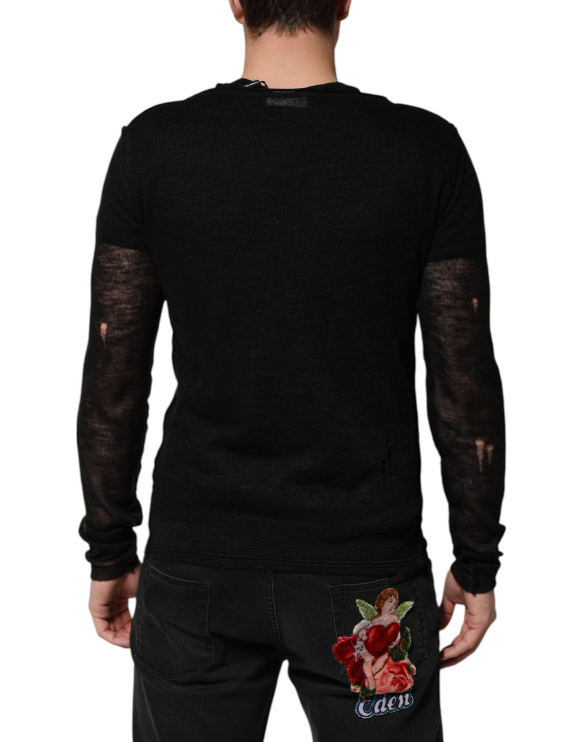 T-shirt à manches longues en lin noir et maille trouée de Dolce &amp; Gabbana