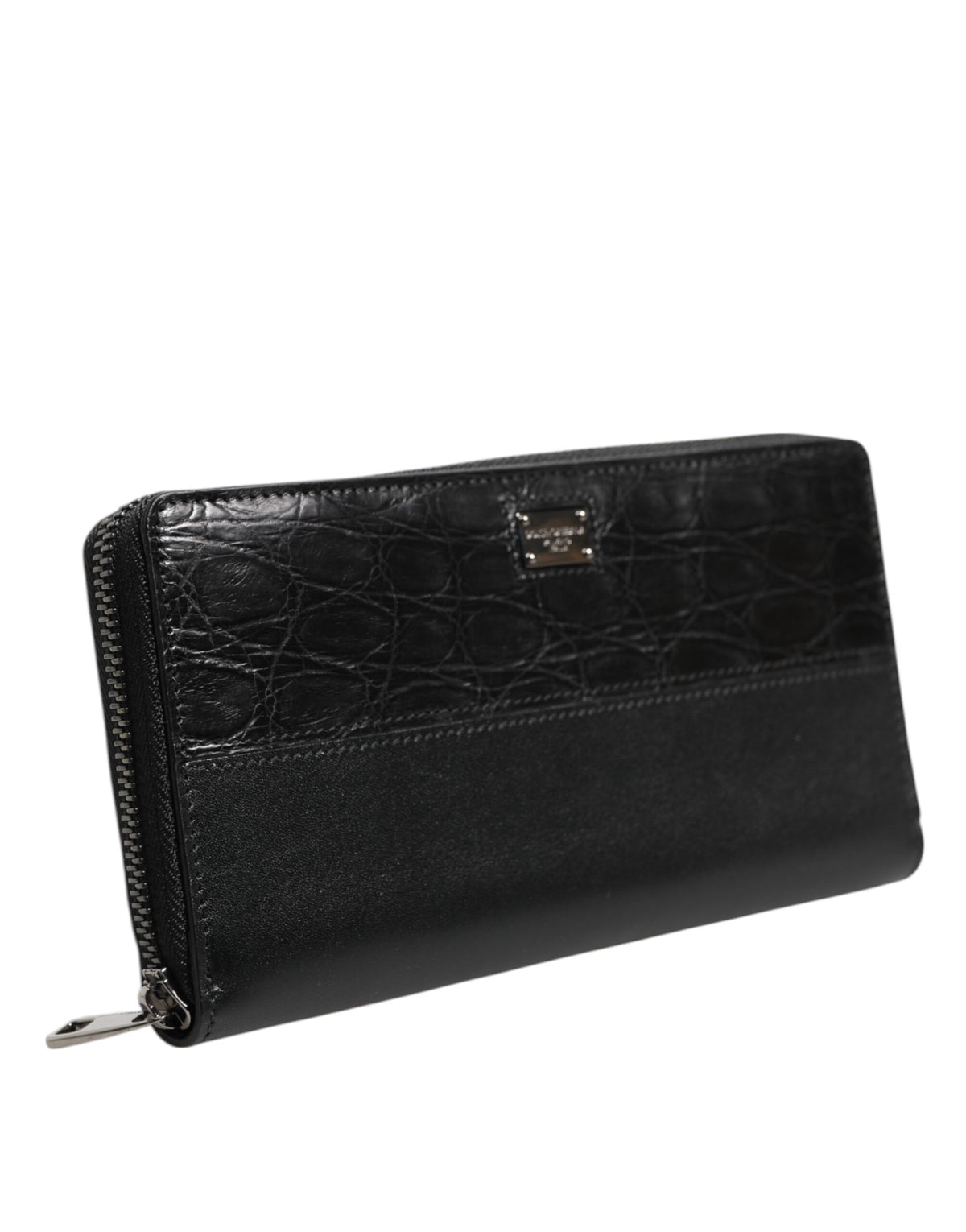 Portefeuille continental zippé en cuir noir Dolce &amp; Gabbana avec plaque logo