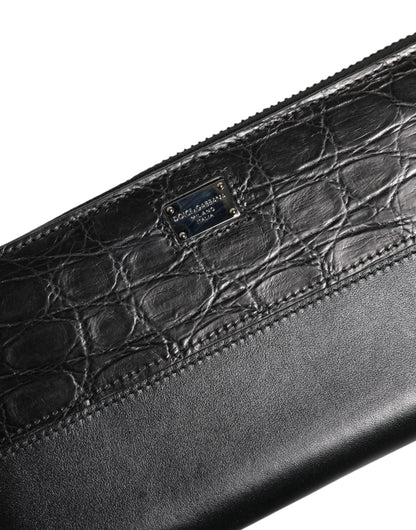 Portefeuille continental zippé en cuir noir Dolce & Gabbana avec plaque logo