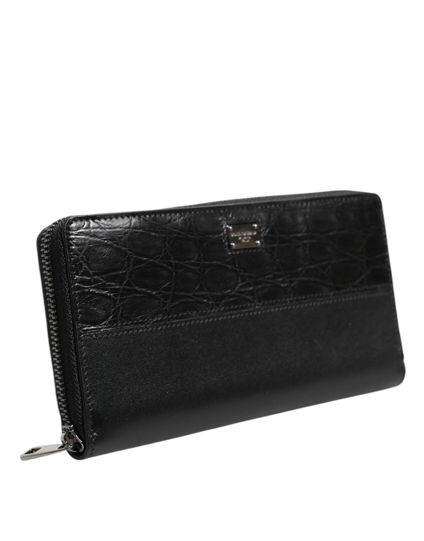 Portefeuille continental zippé en cuir noir Dolce & Gabbana avec plaque DG