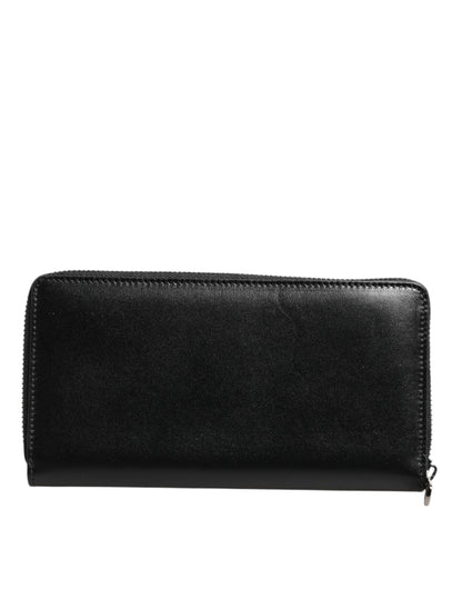 Portefeuille continental zippé en cuir noir Dolce & Gabbana avec plaque DG