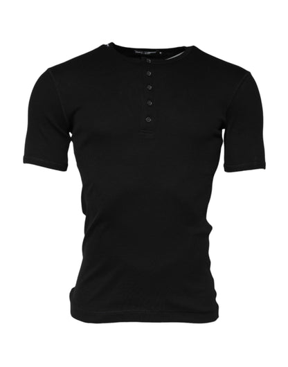 Dolce & Gabbana Black Cotton Knit Crew Neck Henley T-shirt