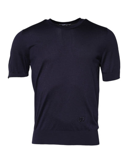 T-shirt à manches courtes en soie bleu foncé à col rond de Dolce &amp; Gabbana