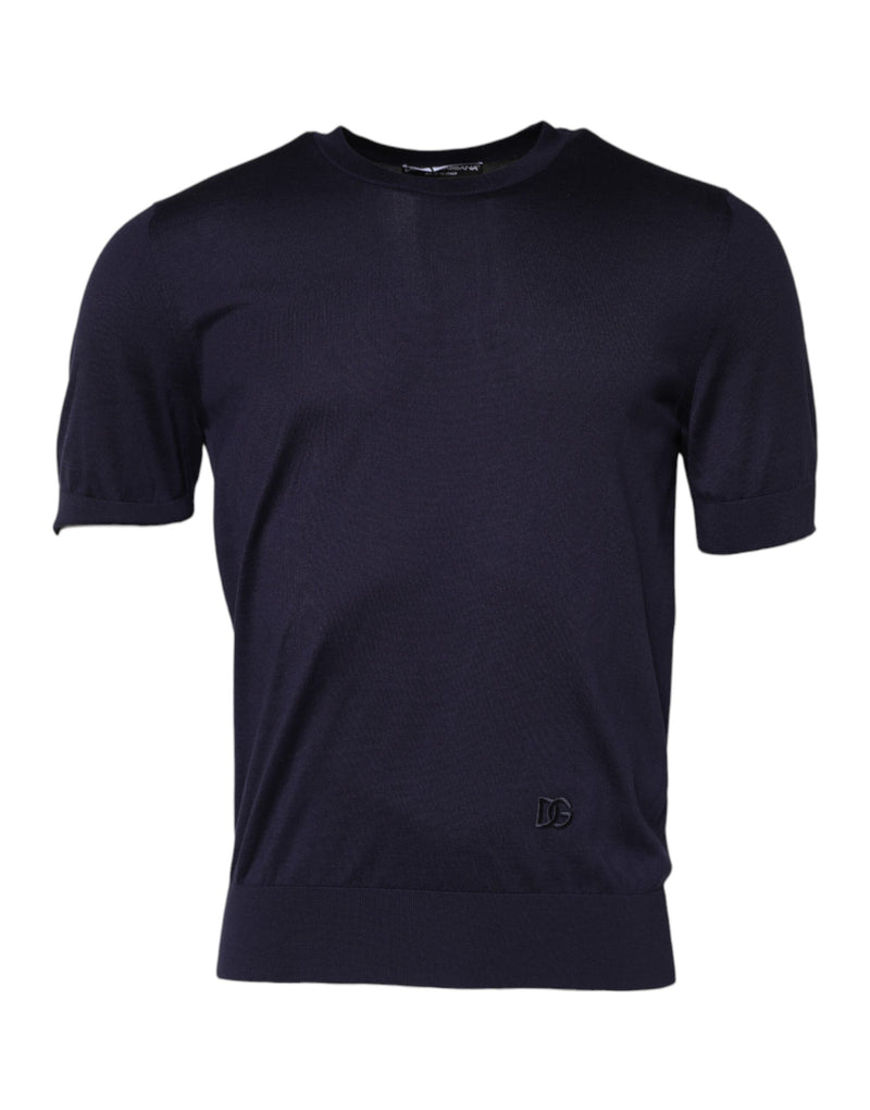 Dolce &amp; Gabbana T-shirt van donkerblauwe zijde met ronde hals en korte mouwen