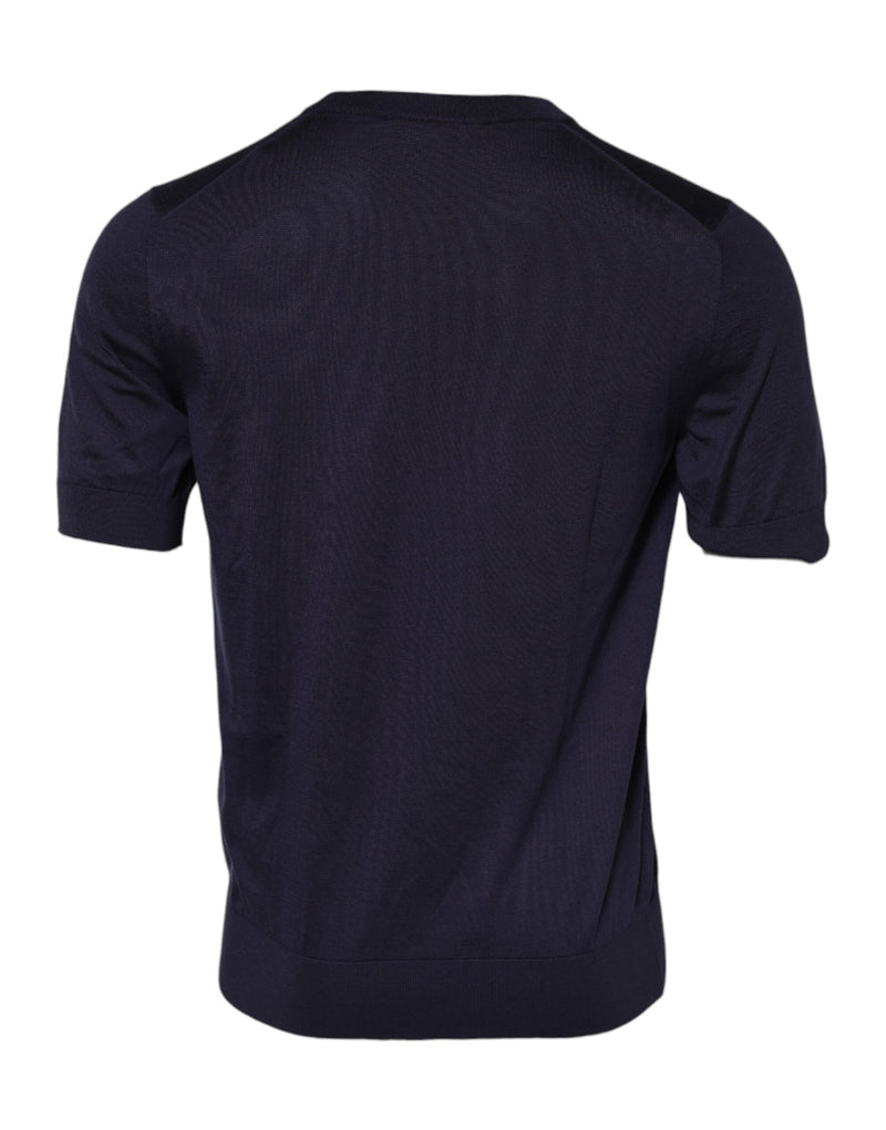 Dolce &amp; Gabbana T-shirt van donkerblauwe zijde met ronde hals en korte mouwen