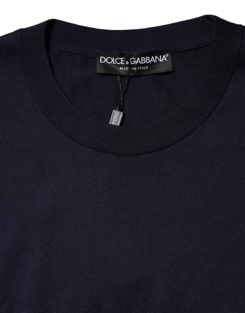 Dolce &amp; Gabbana T-shirt van donkerblauwe zijde met ronde hals en korte mouwen