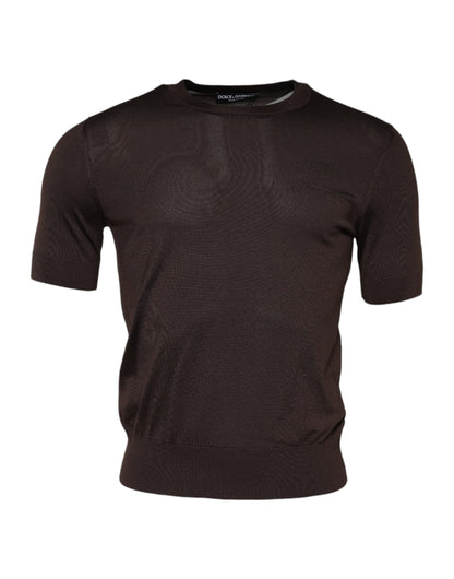 T-shirt Dolce &amp; Gabbana en soie marron, col rond, manches courtes.