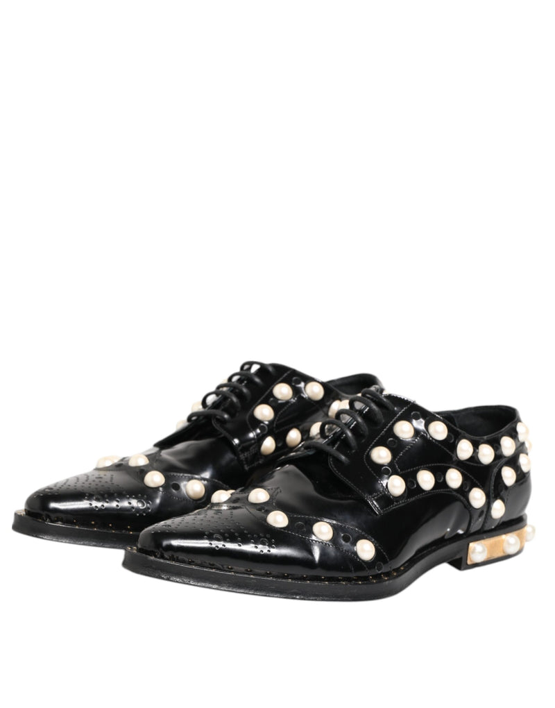 Dolce & Gabbana Black Leather Faux Pearl Dress Brogue Shoes