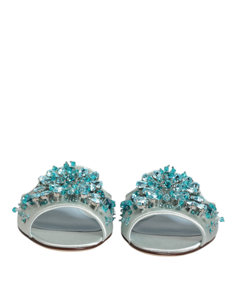 Dolce & Gabbana Silver Blue Leather Bead Embellished Slide Shoes