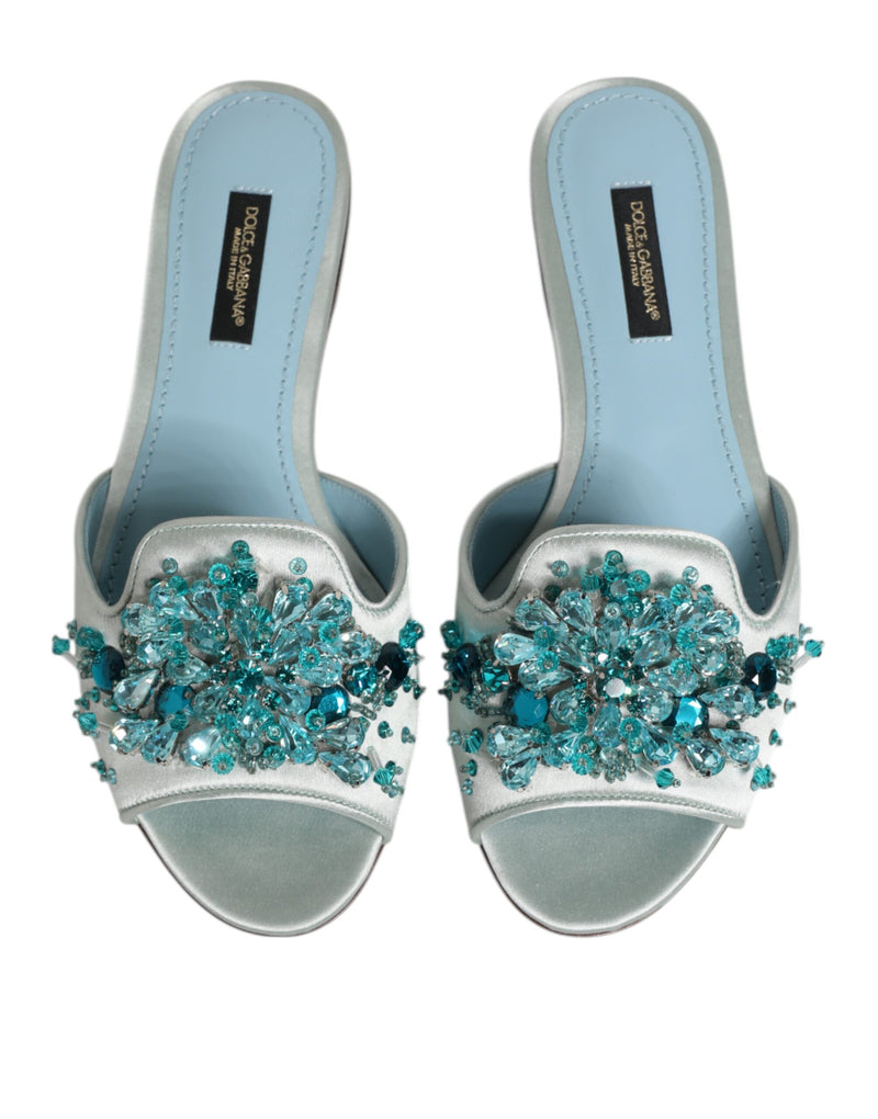 Dolce & Gabbana Silver Blue Leather Bead Embellished Slide Shoes