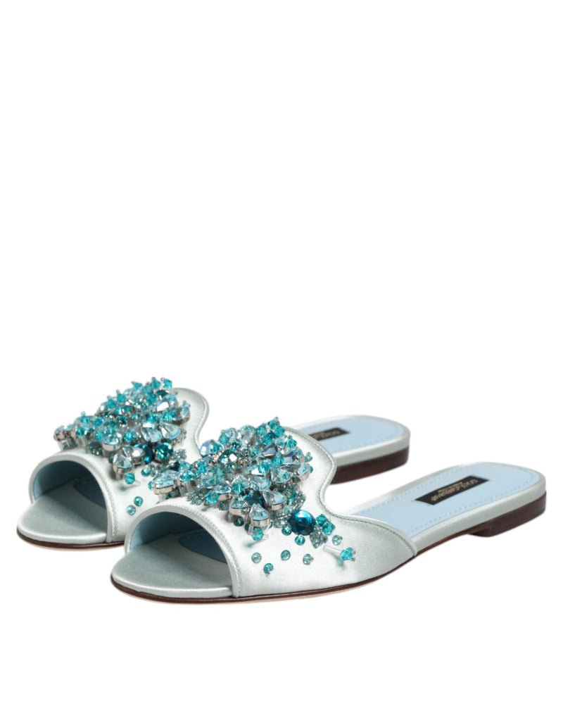 Dolce & Gabbana Silver Blue Leather Bead Embellished Slide Shoes