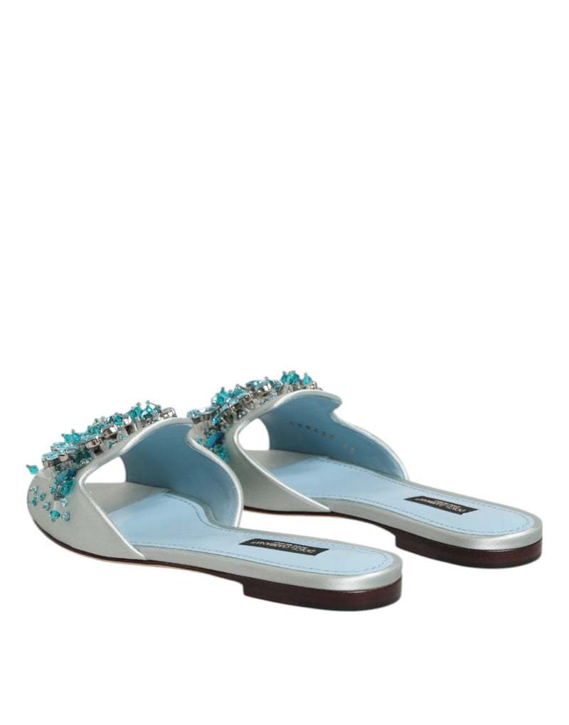 Dolce & Gabbana Silver Blue Leather Bead Embellished Slide Shoes