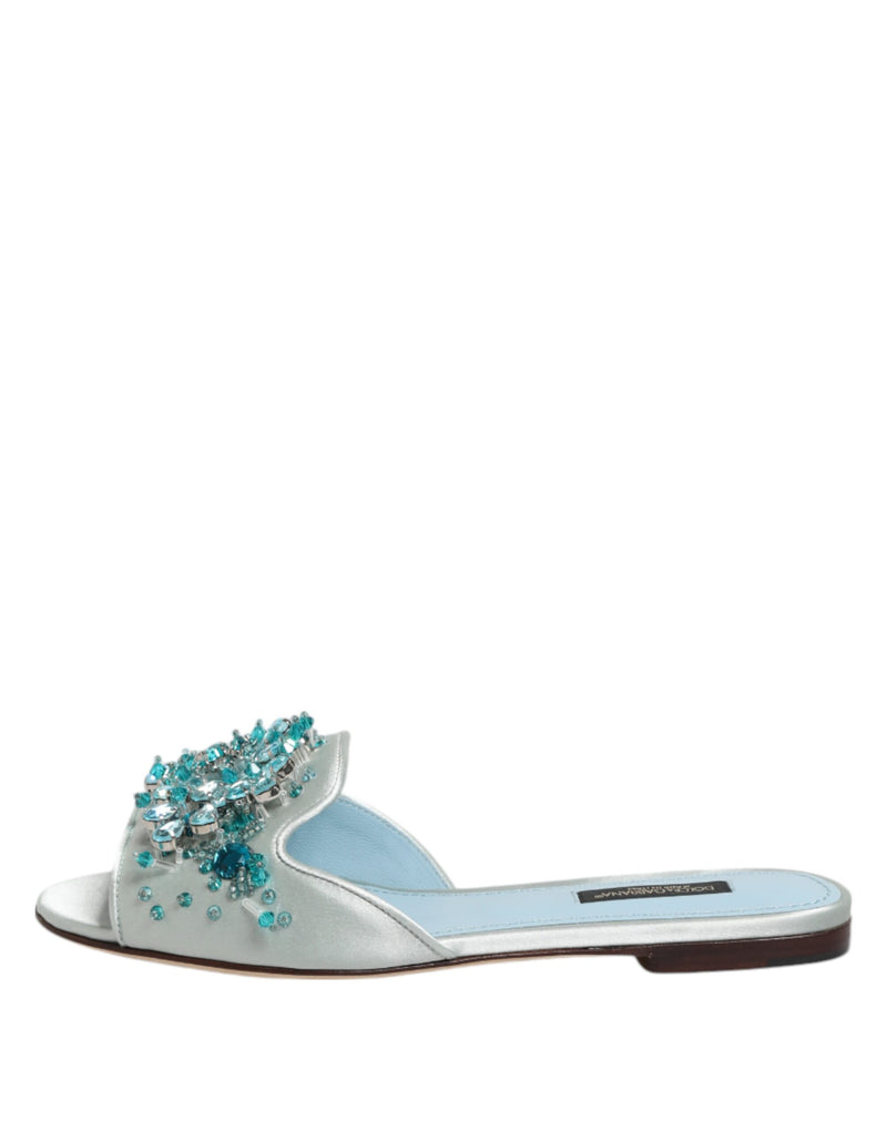 Dolce & Gabbana Silver Blue Leather Bead Embellished Slide Shoes