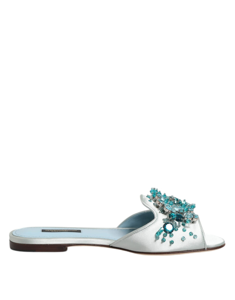 Dolce & Gabbana Silver Blue Leather Bead Embellished Slide Shoes