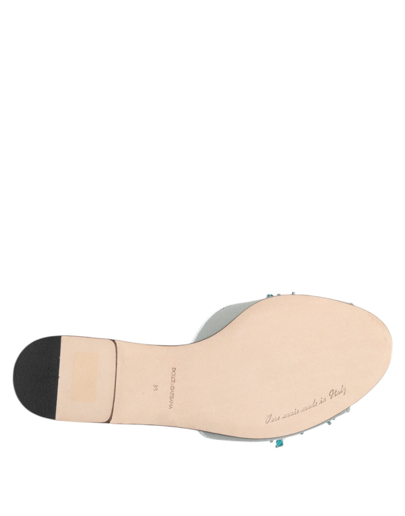 Dolce & Gabbana Silver Blue Leather Bead Embellished Slide Shoes