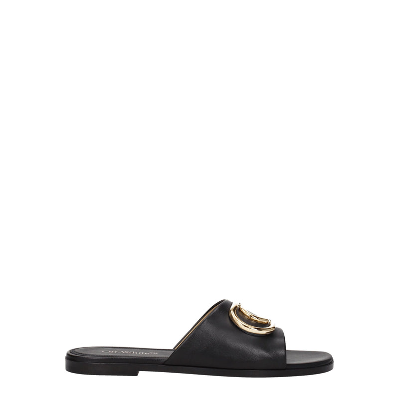 Off-White Black Leather Slippers Sandals for Women