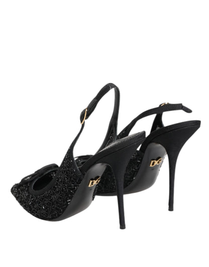 Dolce & Gabbana Black Tulle Ricamo Heels Slingbacks Shoes