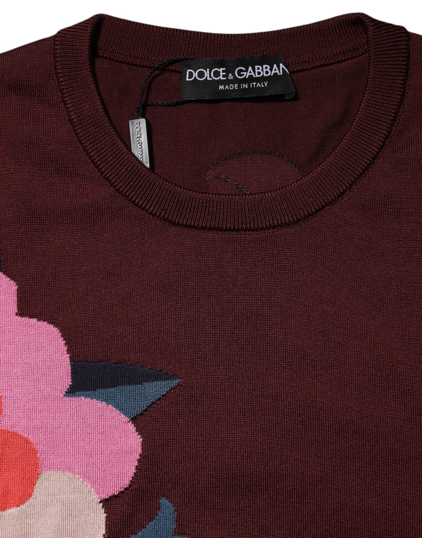 Dolce & Gabbana Maroon Floral Silk Crew Neck Blouse Top