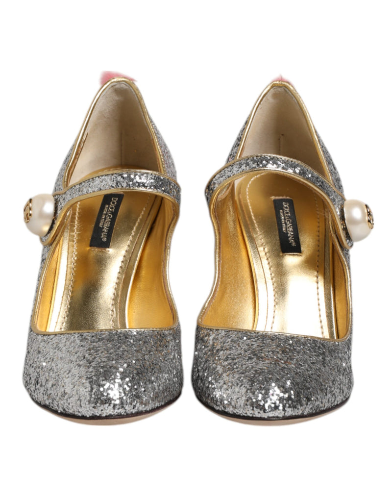 Dolce & Gabbana VALLY Silver Glitter Mink Fur Pumps