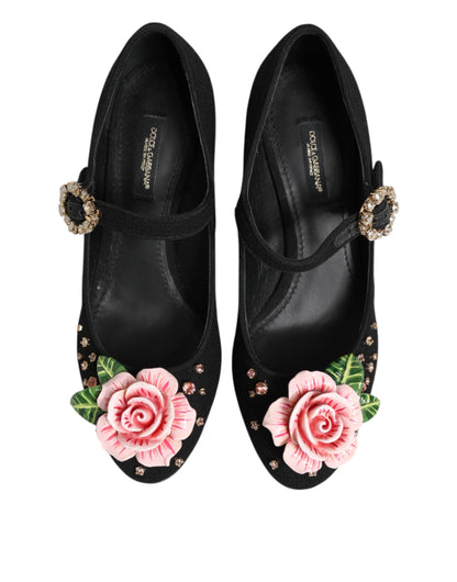 Escarpins Mary Jane noires ornées de cristaux et de fleurs de Dolce & Gabbana