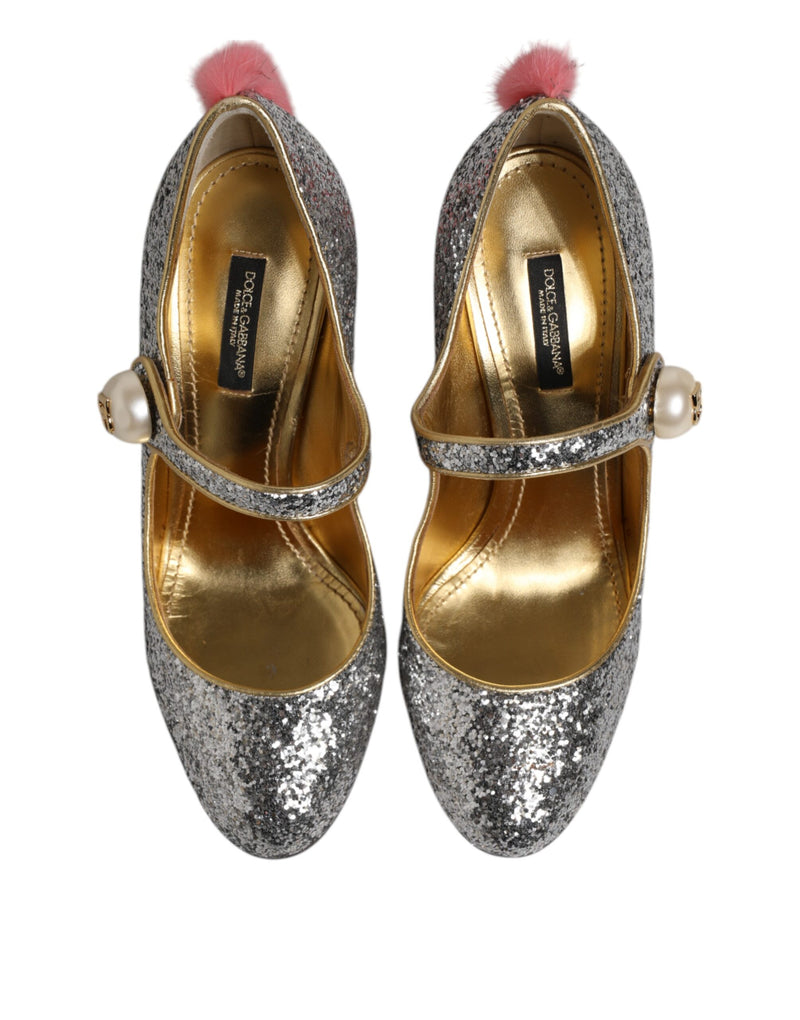 Dolce & Gabbana VALLY Silver Glitter Mink Fur Pump Shoes