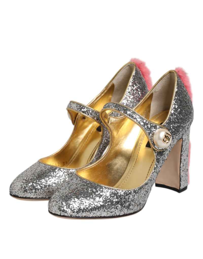 Dolce & Gabbana VALLY Silver Glitter Mink Fur Pump Shoes