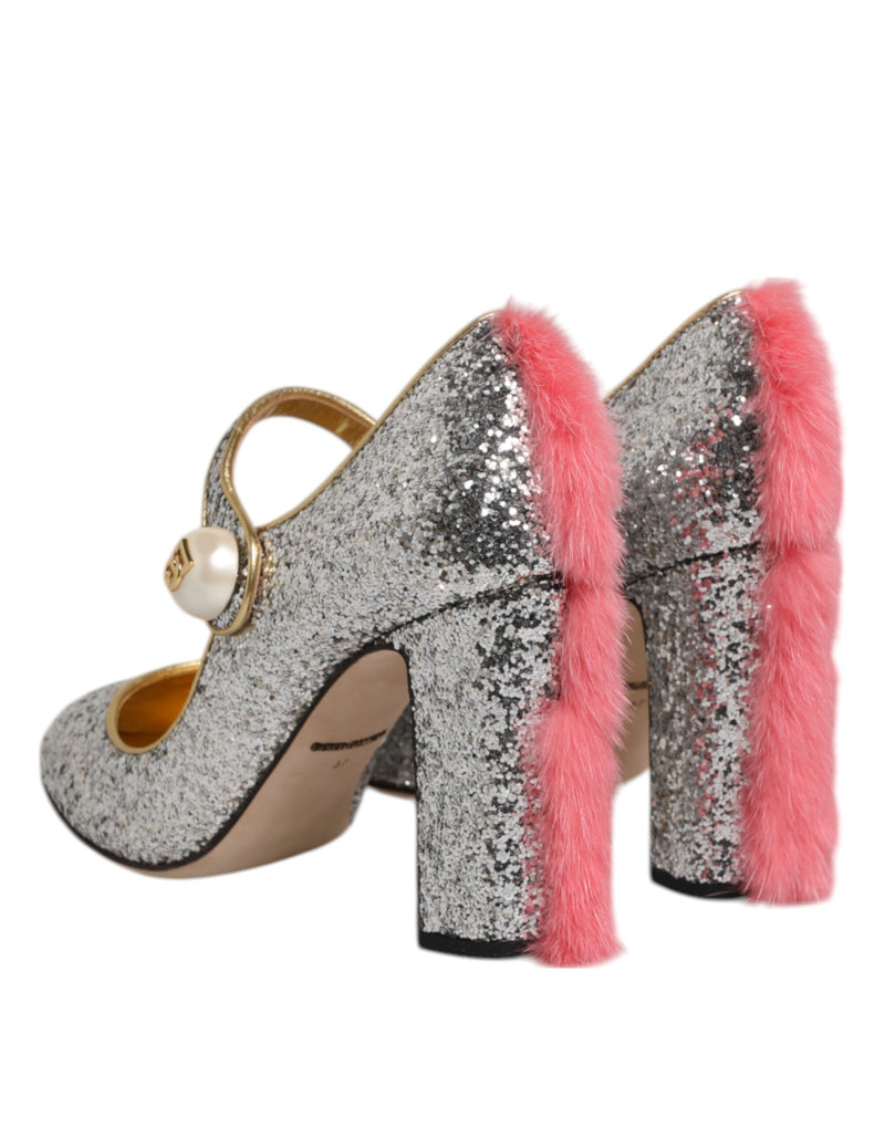 Dolce & Gabbana VALLY Silver Glitter Mink Fur Pump Shoes