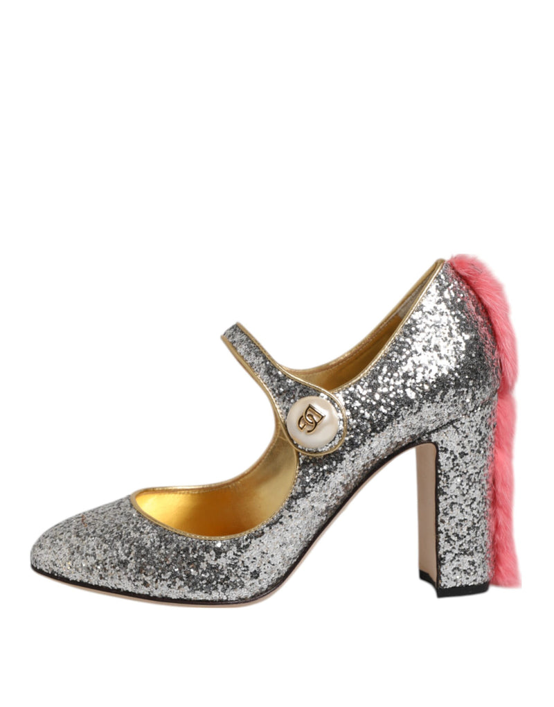 Dolce & Gabbana VALLY Silver Glitter Mink Fur Pump Shoes