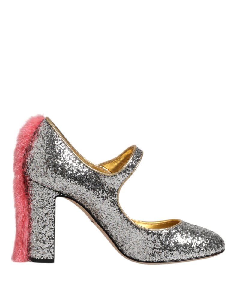 Dolce & Gabbana VALLY Silver Glitter Mink Fur Pump Shoes