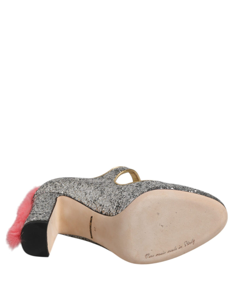 Dolce & Gabbana VALLY Silver Glitter Mink Fur Pump Shoes