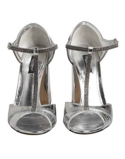 Dolce & Gabbana Silver Leather T-strap Heels Sandals Shoes