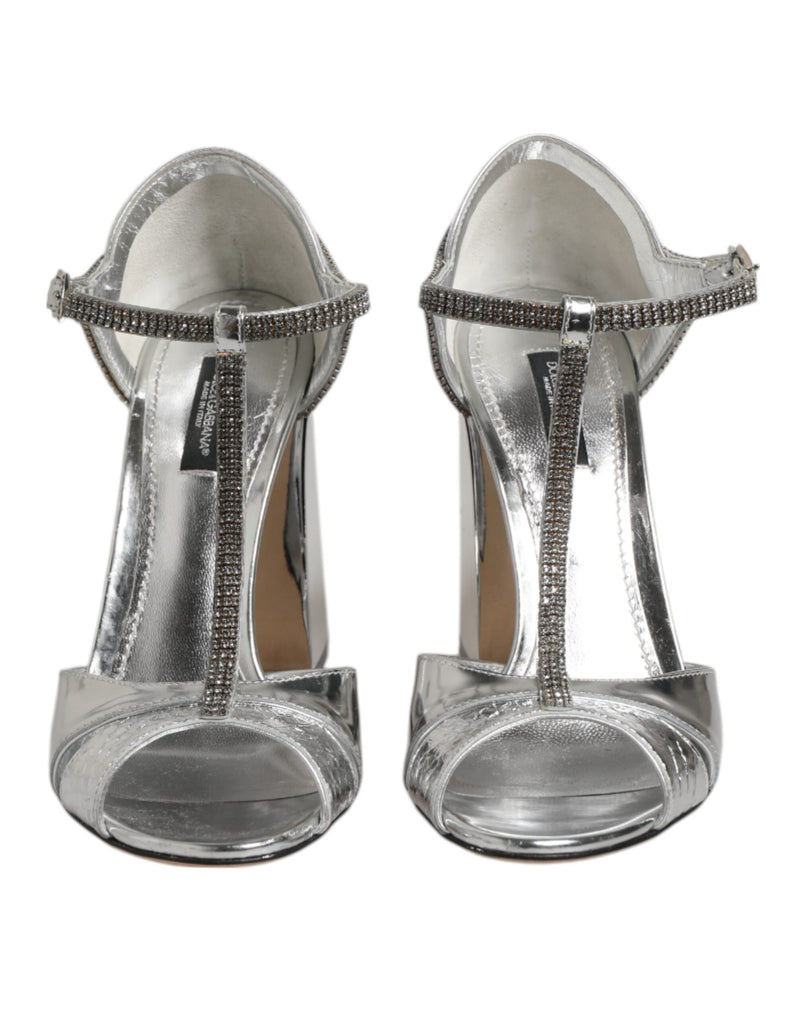 Dolce & Gabbana Silver Leather T-strap Heels Sandals