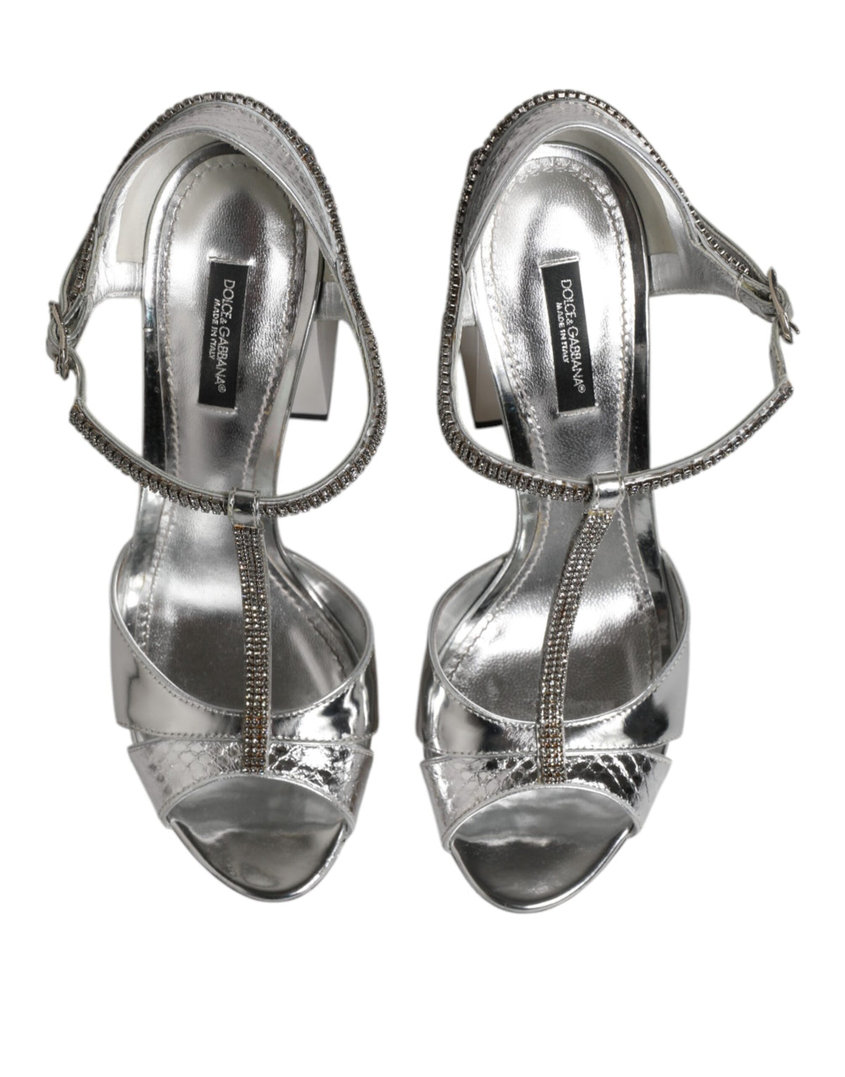 Dolce & Gabbana Sandales à Talons T-strap en Cuir Argenté