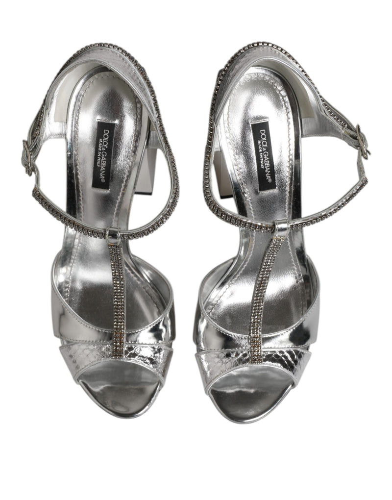 Dolce & Gabbana Silver Leather T-strap Heels Sandals