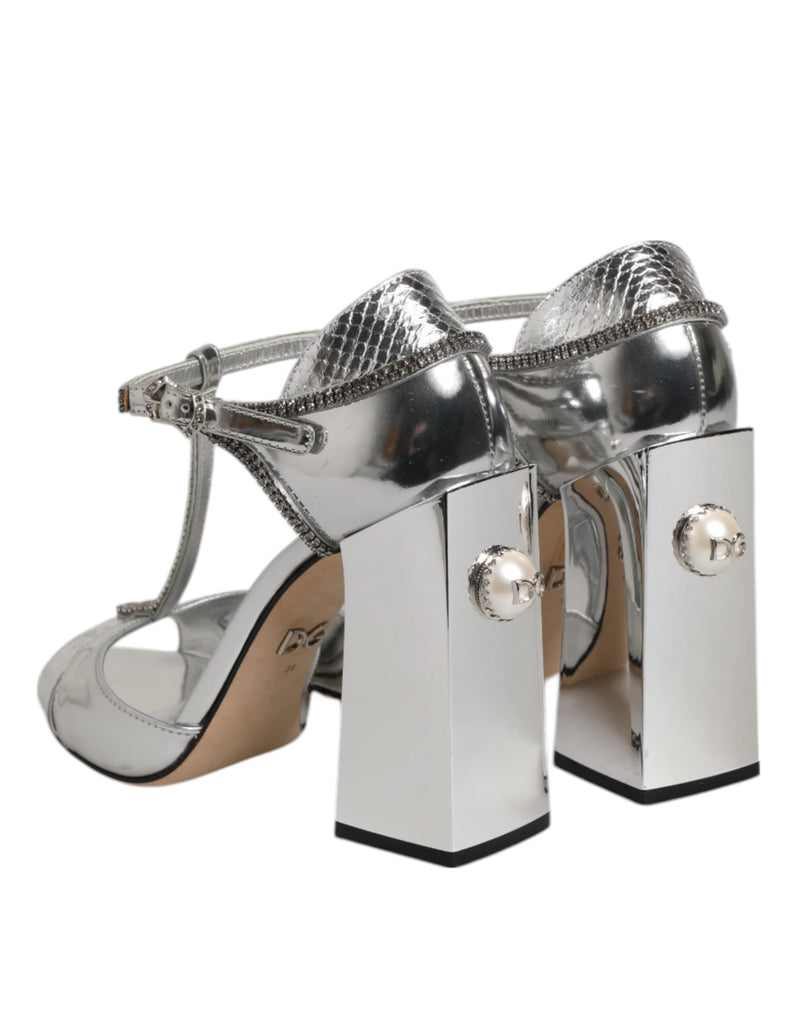 Dolce & Gabbana Silver Leather T-strap Heels Sandals