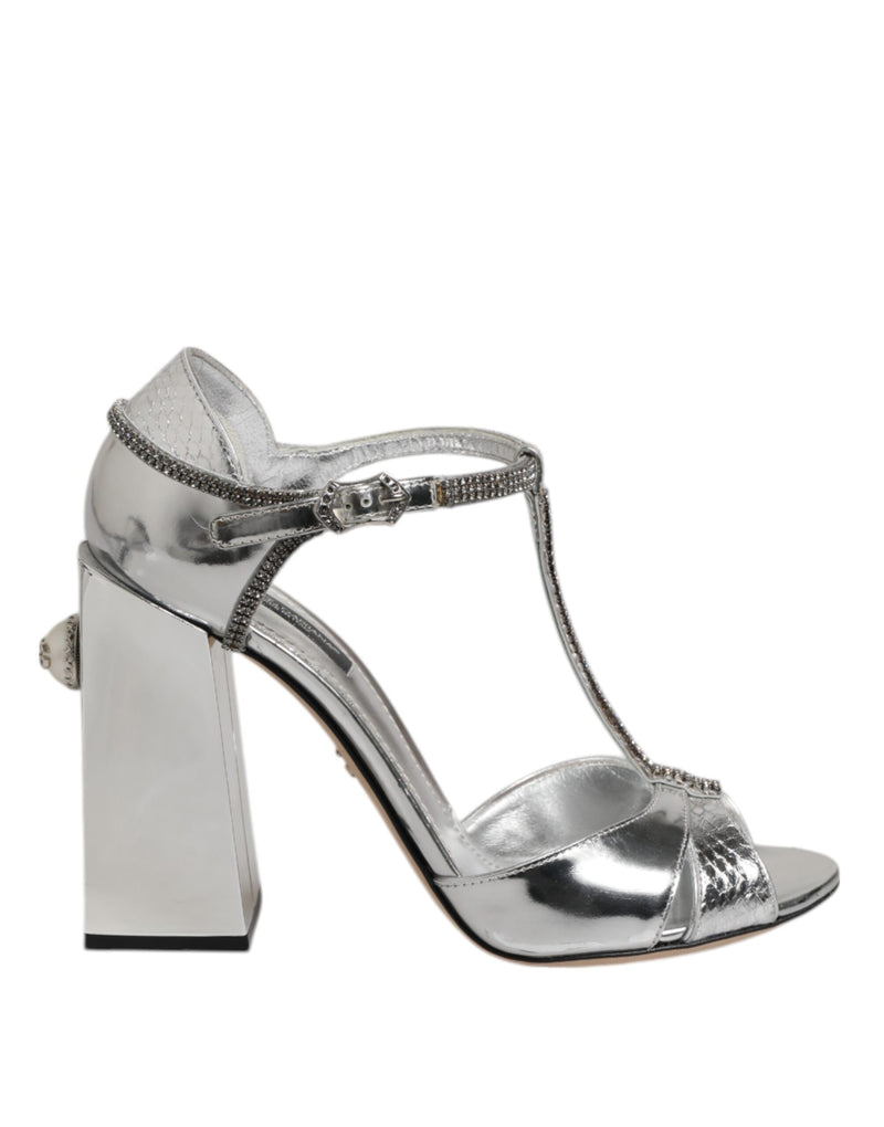 Dolce & Gabbana Silver Leather T-strap Heels Sandals