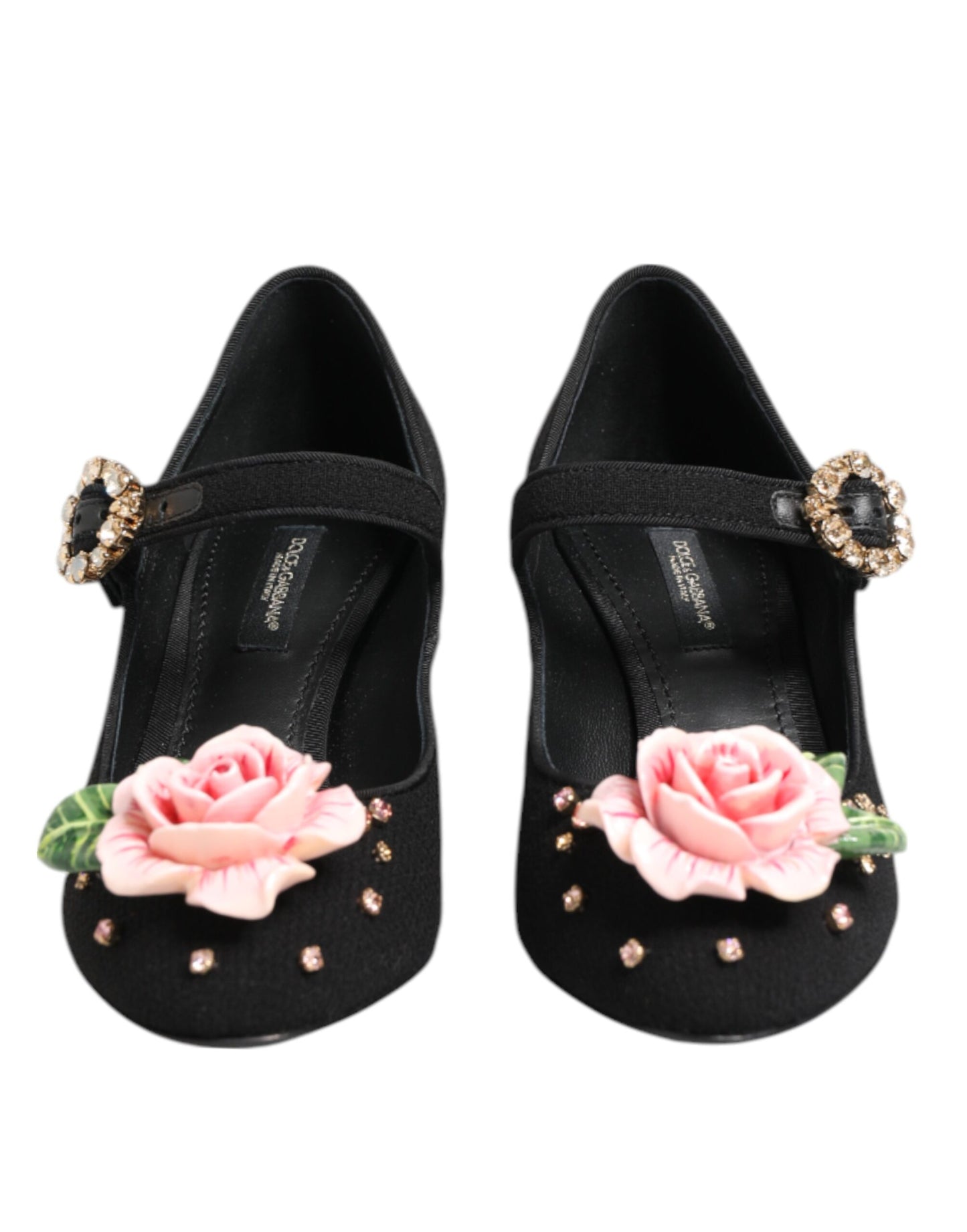 Dolce & Gabbana Mary Jane schoenen in het zwart, versierd met bloemen en kristallen.