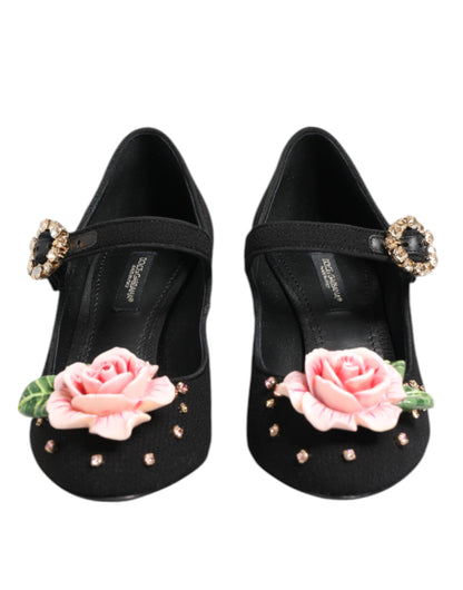 Dolce & Gabbana Mary Jane schoenen in het zwart, versierd met bloemen en kristallen.