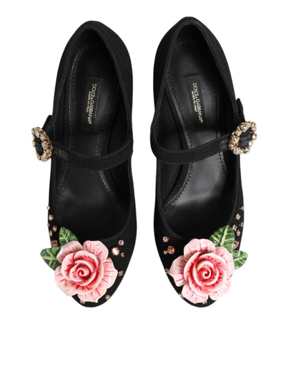 Dolce & Gabbana Mary Jane schoenen in het zwart, versierd met bloemen en kristallen.