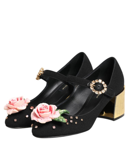 Dolce & Gabbana Mary Jane schoenen in het zwart, versierd met bloemen en kristallen.