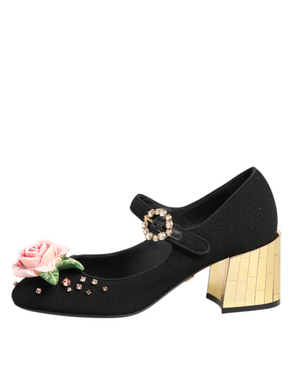 Dolce & Gabbana Mary Jane schoenen in het zwart, versierd met bloemen en kristallen.