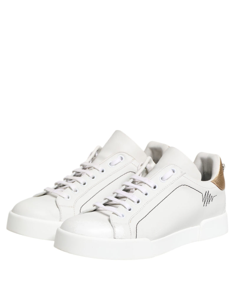 Dolce & Gabbana Sneakers Basses en Cuir Blanc et Or