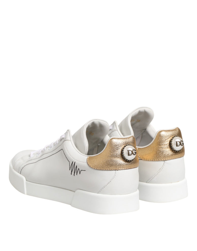 Dolce & Gabbana Sneakers Basses en Cuir Blanc et Or