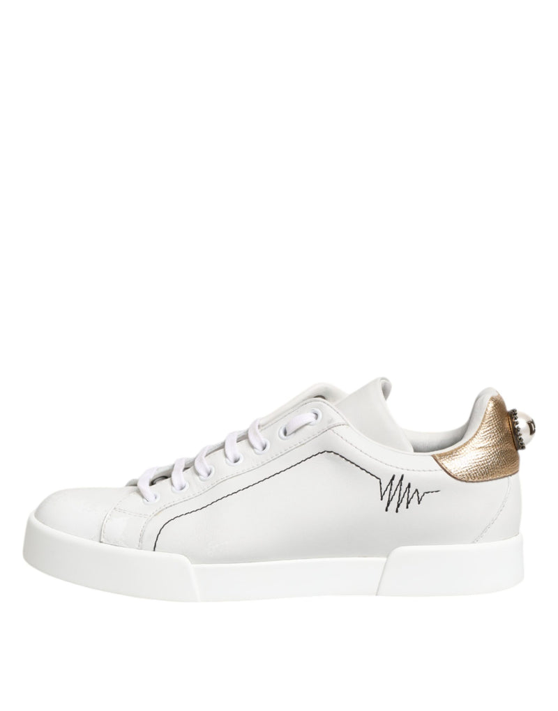 Dolce & Gabbana Sneakers Basses en Cuir Blanc et Or