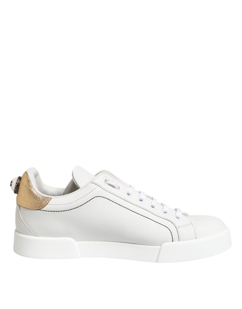 Dolce & Gabbana Sneakers Basses en Cuir Blanc et Or