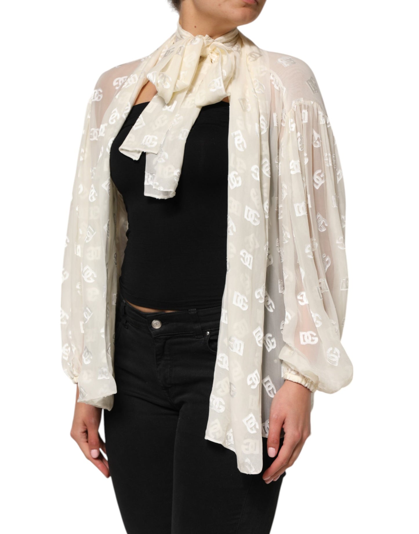 Dolce & Gabbana Off White Top met Logo Monogram en Ascot Kraag