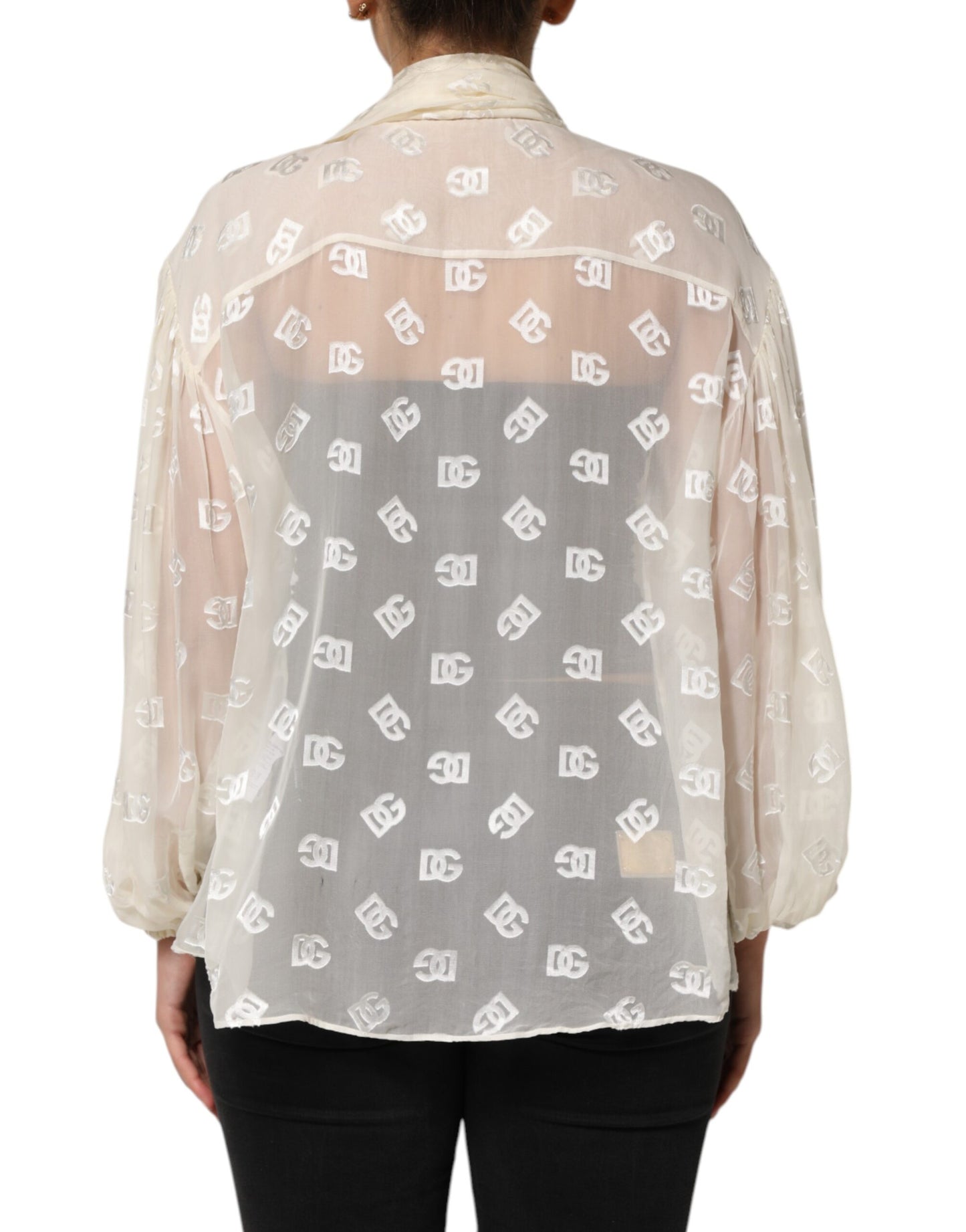 Dolce & Gabbana Off White Top met Logo Monogram en Ascot Kraag