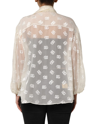 Dolce & Gabbana Off White Top met Logo Monogram en Ascot Kraag