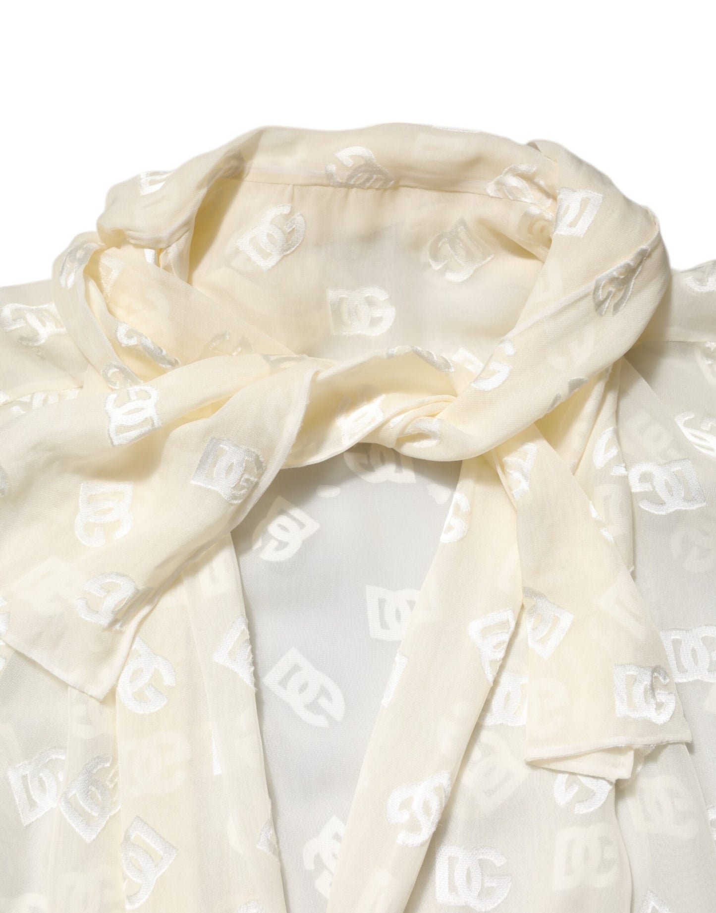 Dolce & Gabbana Off White Top met Logo Monogram en Ascot Kraag