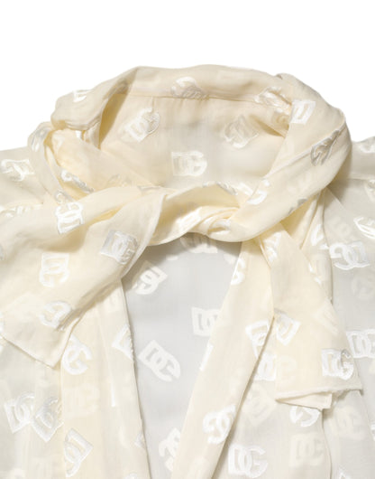 Dolce & Gabbana Off White Top met Logo Monogram en Ascot Kraag
